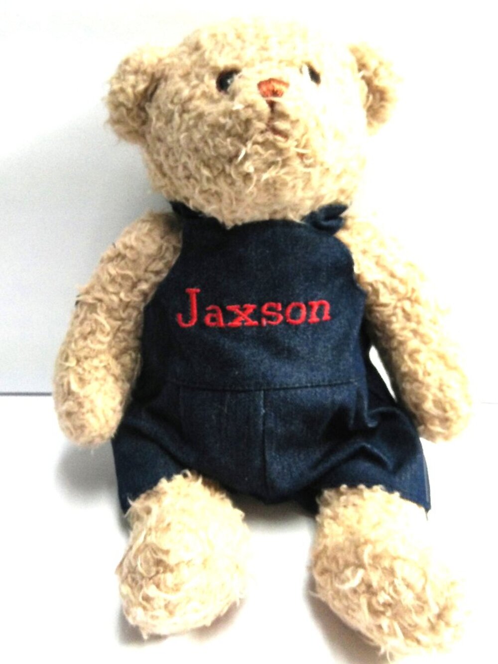JAXSON Personalized Bear 13" High by Marys Bears Tan with Blue Denim Overalls
